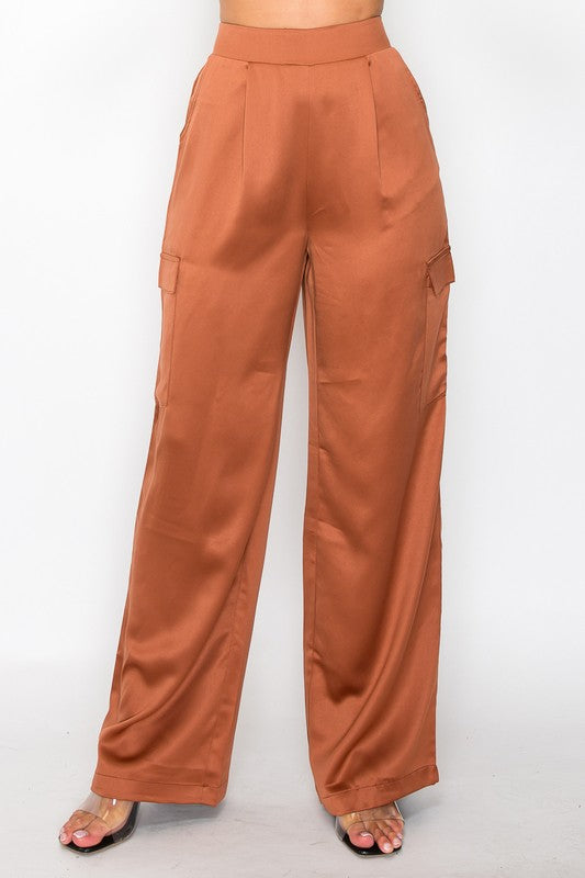 Wide leg silky cargo pants