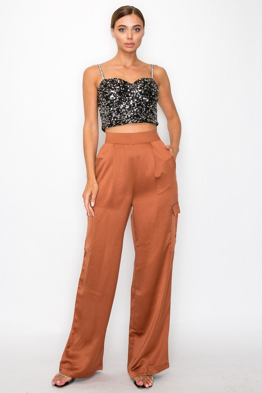 Wide leg silky cargo pants