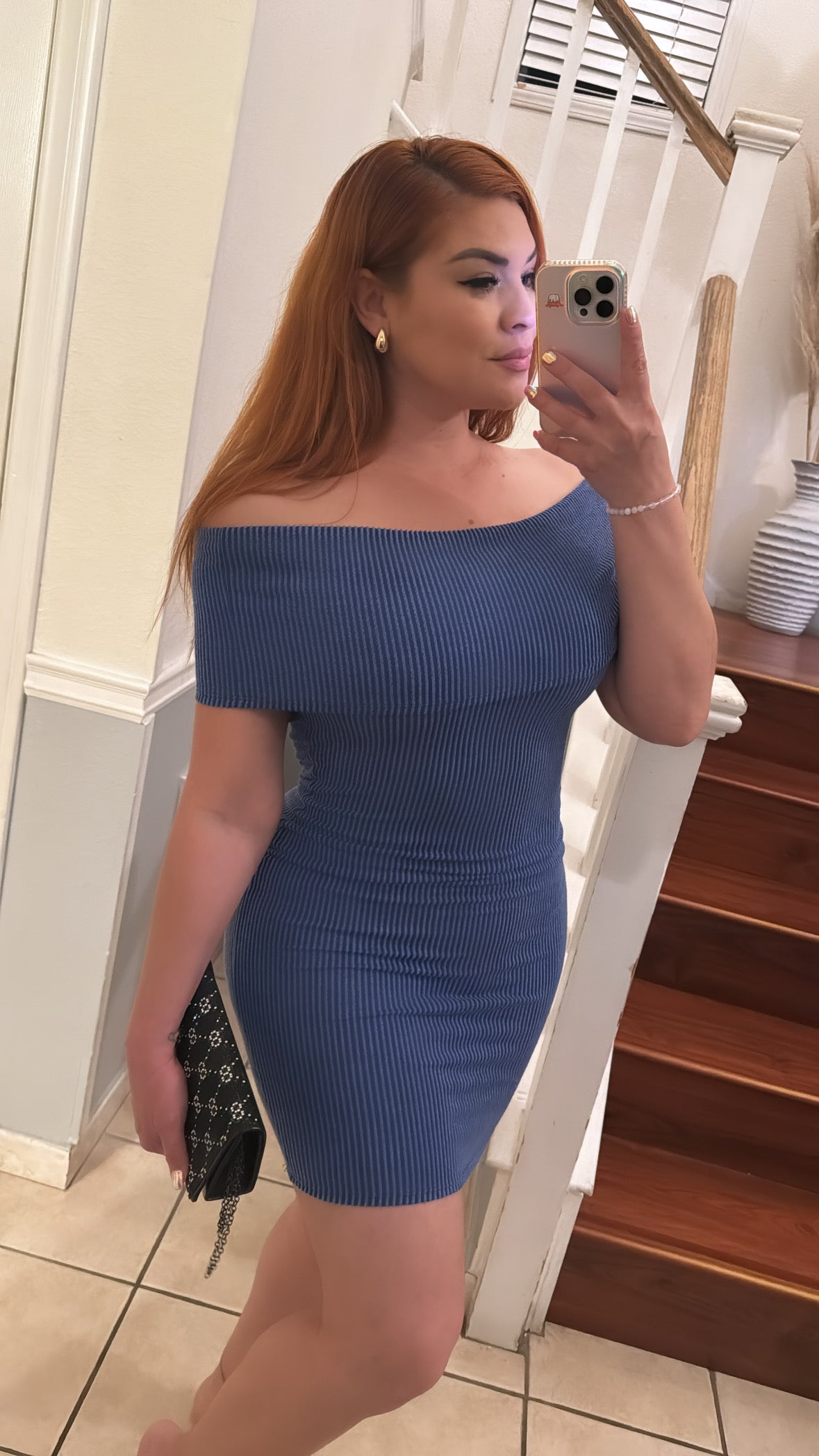 Ribbed off shoulder mini dress